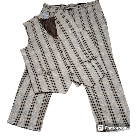 Paulo Solari Mens Gray Plaid Vest Suit Pants Set Modern Fit Size XL 36/30‎ - Picture 1 of 12